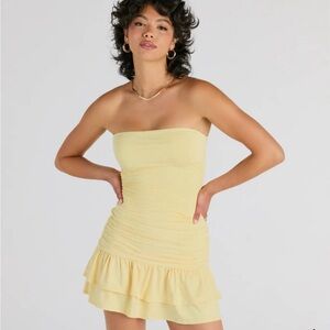 Her Comes the Sun Mini Dress - Yellow Strapless Ruffle Dress